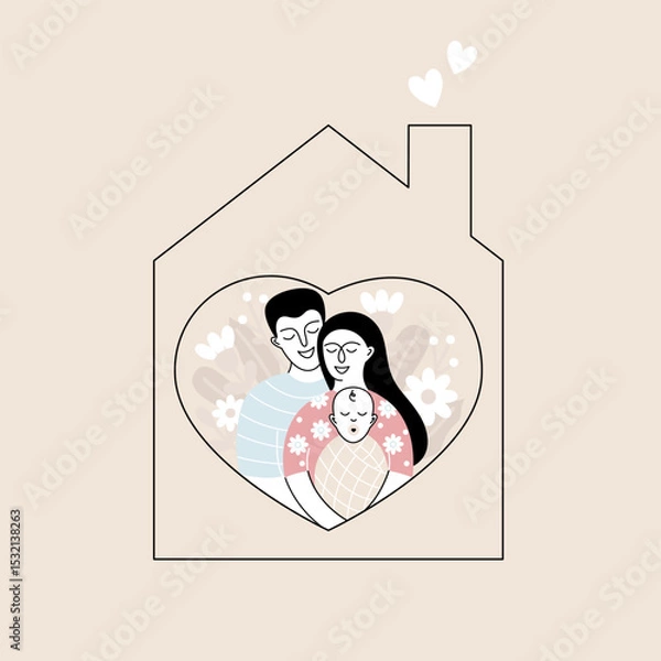 Obraz Minimalist illustration of a family with mom, dad and child inside a house, symbolizing home ownership, mortgage, family protection and insurance in a modern conceptual style.
