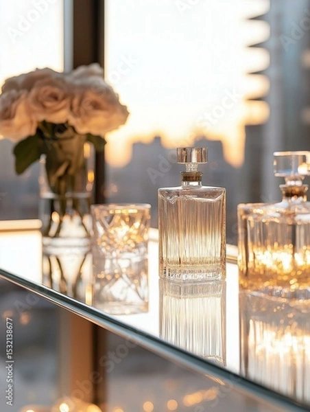 Fototapeta Glass table with a vase of white roses on the left side and two small glasses on the right side. in the center of the table, there is a perfume bottle with a gold-colored stopper.