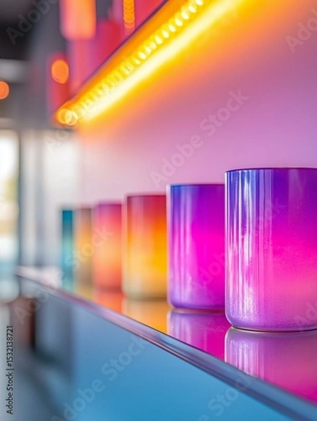 Fototapeta Row of colorful glasses lined up on a blue shelf. the glasses are of different colors - pink, purple, orange, yellow, and blue - and are arranged in a neat row.