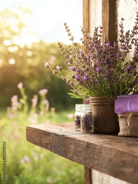 Fototapeta Wooden shelf attached to a wooden wall with a potted plant on it. the plant is a bunch of lavender with purple flowers and green leaves.