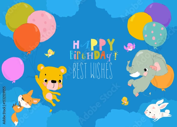 Fototapeta Cartoon Happy Animals flying with Balloons in the Sky