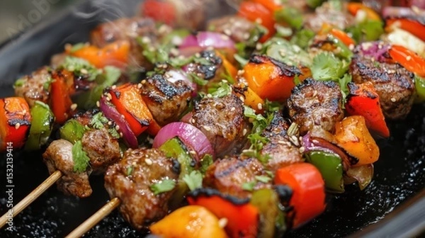 Fototapeta Delicious Grilled Beef Kebabs with Colorful Peppers and Onions