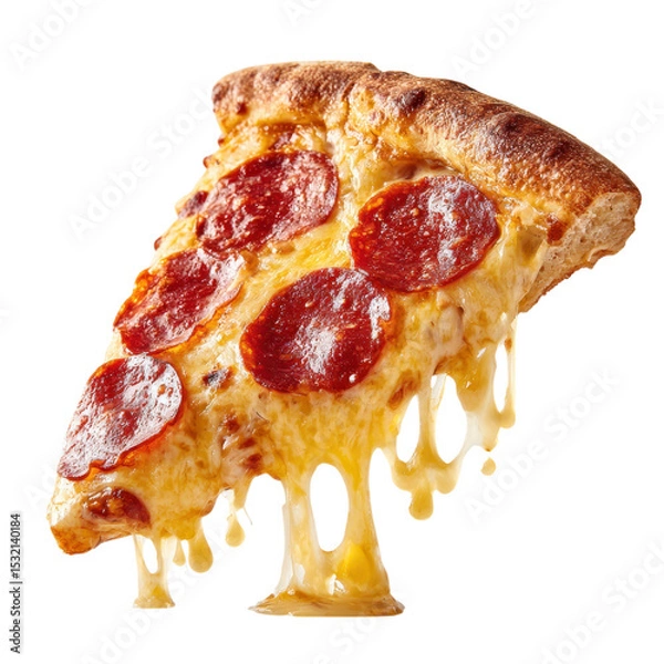 Fototapeta A slice of pepperoni pizza with melted cheese stretching down, featuring a golden-brown crust and several pepperoni slices on top.