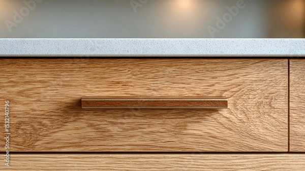Fototapeta Modern Stainless Steel Handle Attached to Light Wood Cabinet Door Showing Minimalist Design and Smooth Texture