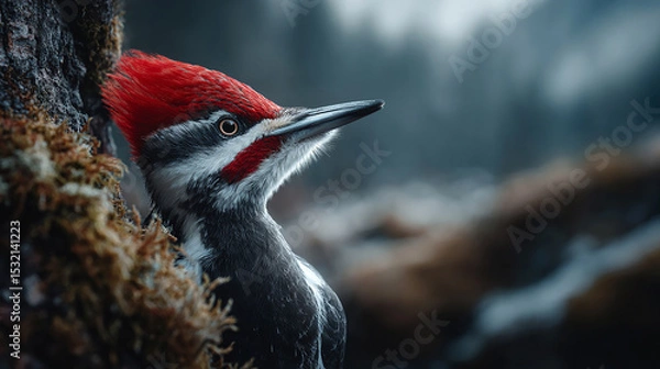 Fototapeta Close up of Woodpecker with Bright Red Crest Perched on Tree Trunk in Natural Habitat during Soft Light