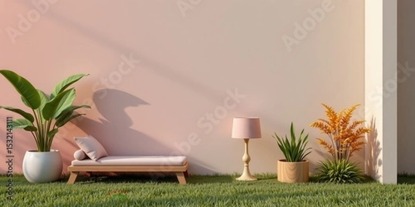 Fototapeta A modern garden with chic sofas and luxurious decor in a warm home atmosphere.