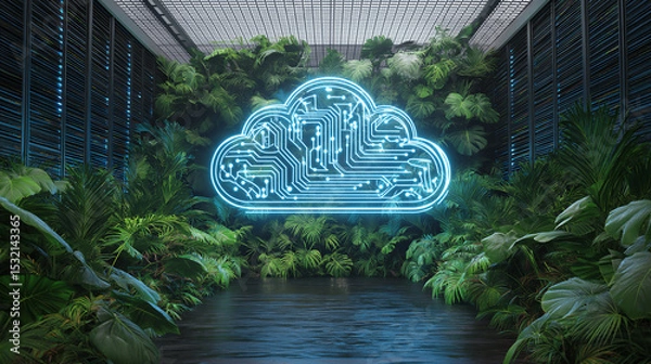 Fototapeta Futuristic neon cloud icon floating in a green server room filled with tropical plants.
