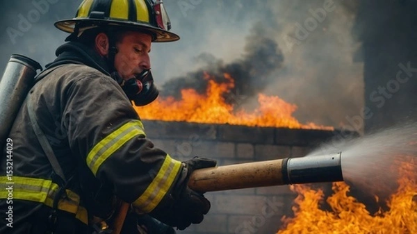 Obraz Brave firefighter battles intense blaze, showing remarkable dedication and bravery