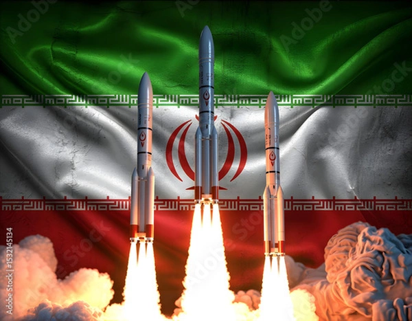Fototapeta powerful iranian rocket launch with national flag showcasing military advancement