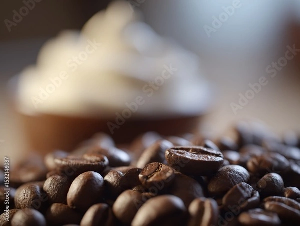 Obraz Close-up of coffee beans in the foreground with out-of-focus cups and drinks in the background, using a macro lens for product photography to highlight clear textures and colors.