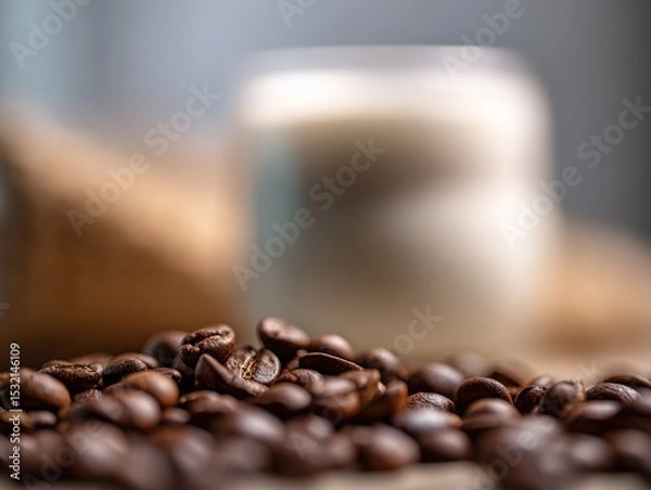 Fototapeta Close-up of coffee beans in the foreground with out-of-focus cups and drinks in the background, using a macro lens for product photography to highlight clear textures and colors.