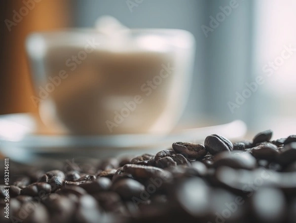 Fototapeta Close-up of coffee beans in the foreground with out-of-focus cups and drinks in the background, using a macro lens for product photography to highlight clear textures and colors.