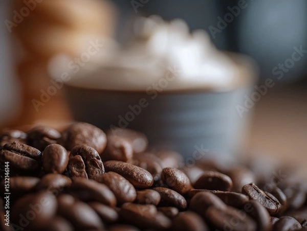 Obraz Close-up of coffee beans in the foreground with out-of-focus cups and drinks in the background, using a macro lens for product photography to highlight clear textures and colors.