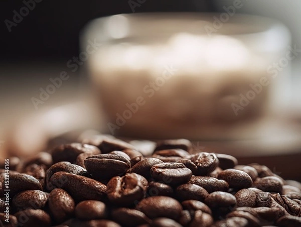 Fototapeta Close-up of coffee beans in the foreground with out-of-focus cups and drinks in the background, using a macro lens for product photography to highlight clear textures and colors.