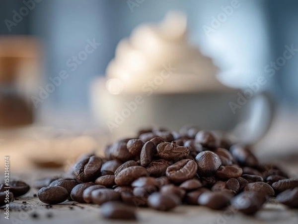 Obraz Close-up of coffee beans in the foreground with out-of-focus cups and drinks in the background, using a macro lens for product photography to highlight clear textures and colors.