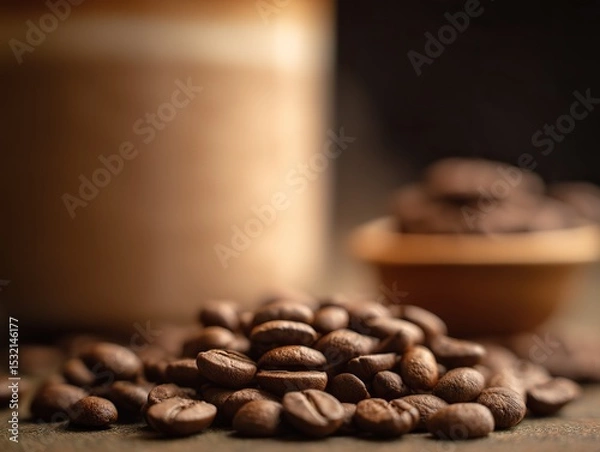 Fototapeta Close-up of coffee beans in the foreground with out-of-focus cups and drinks in the background, using a macro lens for product photography to highlight clear textures and colors.