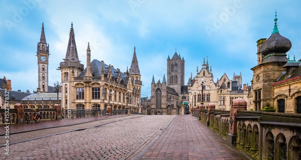 Fototapeta Panoramic View of Ghent Historic City Center in Belgium. 