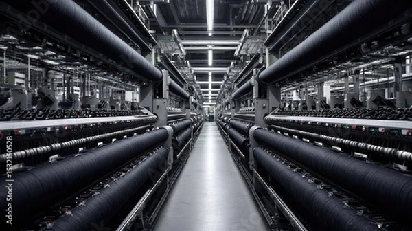 Fototapeta Long, symmetrical rows of automated looms at a modern textile factory.