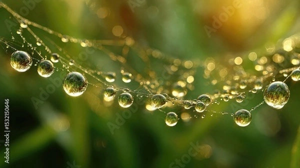 Fototapeta Dewdrops hang like a necklace of tiny jewels on a delicate spiderweb.