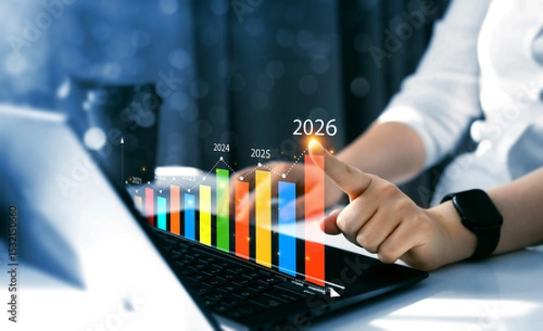 Obraz Business person draws increase arrow graph corporate future growth year 2021 to 2026. Planning,opportunity, challenge and business strategy. New Goals, Plans and Visions for Next Year 2026.