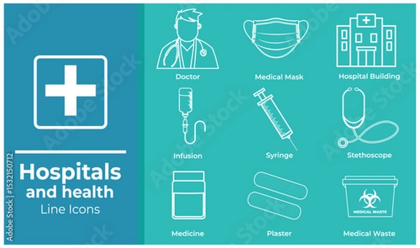 Obraz A set of hospital and health icons in line art style. 
Features elements such as doctor, infusion, mask, 
stethoscope, bandage, syringe, medicine, and other 
medical tools. Minimalist vector design, i