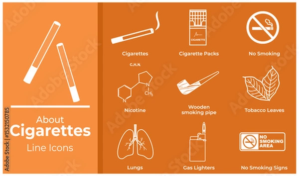 Obraz A set of cigarette icons in line art style. Features elements 
such as cigarette sticks, cigarette packs, no smoking signs, 
nicotine, smoke, cigarette butts, and more. Minimalist vector design, 
idea