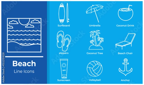 Obraz A set of beach icons in line art style. Includes elements such as surfboard, 
beach umbrella, slippers, sunscreen, coconut, volleyball, and other summer items. 
Minimalist vector design, perfect for v
