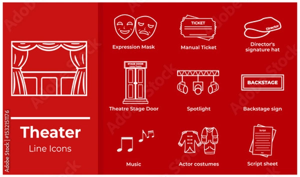 Obraz A set of theater show icons in line art style. 
Includes classic theater elements such as drama masks, 
admission tickets, director’s hat, spotlight, stage costumes, 
scripts, audience seats, theater 