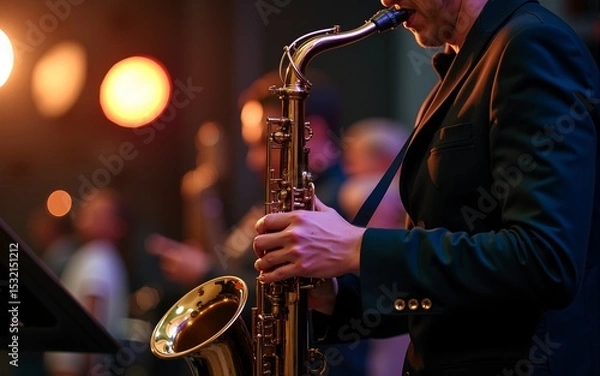 Fototapeta International jazz day and World Jazz festival. Saxophone, music instrument played by saxophonist player musician in fest. High quality