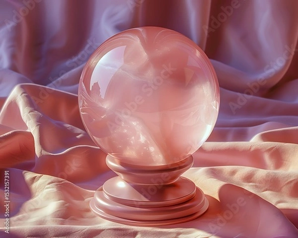 Fototapeta Pink crystal ball on a pink silk fabric A large translucent sphere rests on a tiered stand