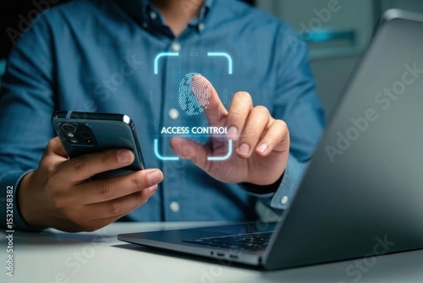 Fototapeta A person interacting with a smartphone and a laptop via a fingerprint access control interface.