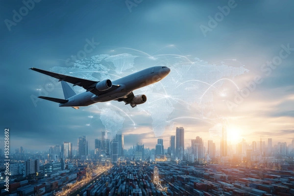 Obraz Exploring global business logistics with air transportation over city skyline and world map