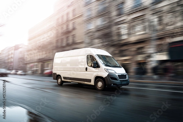 Obraz Fast delivery van navigating through a bustling city street during daylight hours
