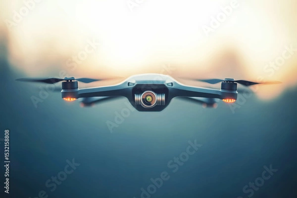 Obraz Drone with camera flying above blurred landscape with ample space for text