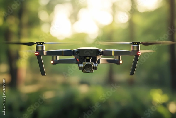 Obraz Drone with camera soaring through the air in a lush green environment, showcasing sleek design and advanced technology