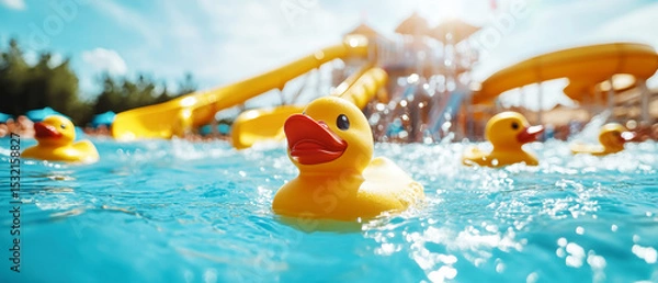 Obraz Rubber ducks float playfully in vibrant water park resort on a sunny summer day