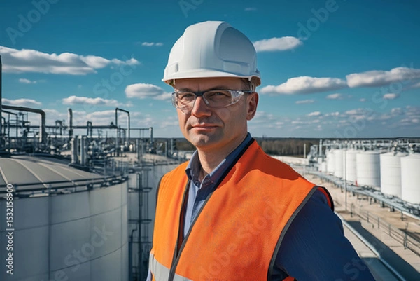 Obraz Engineer working at a high-altitude electrical substation under a sunny blue sky with clouds