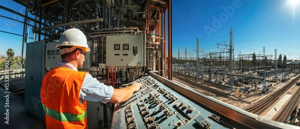 Obraz Electrician working at a control panel in high voltage substation under bright daylight