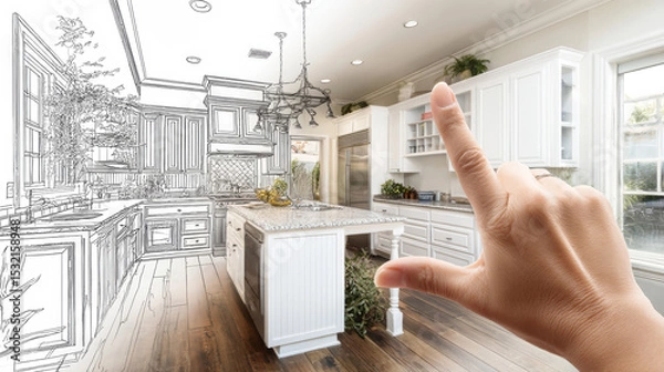 Obraz Hands demonstrating kitchen design concepts with photorealistic and sketch elements in a modern setting
