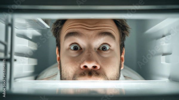Obraz Man shows surprise while looking into an open refrigerator with an empty plate in hand, captured in hyperrealistic style