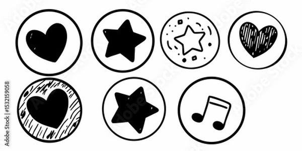 Fototapeta Doodle Style Communication and Positive Feedback Outline Collection. Likes, Favorites, Reviews, User Interface, Joy, and Happiness Elements. Black and White.