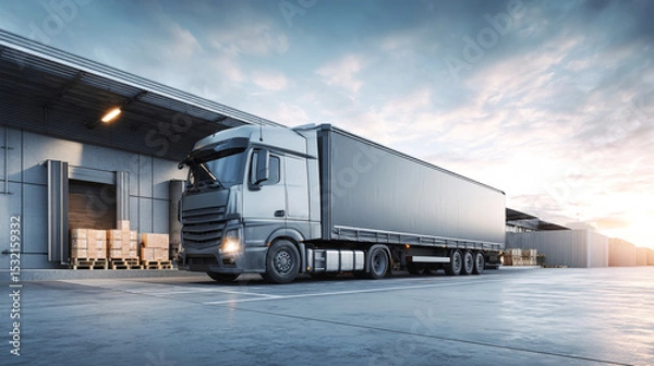 Obraz Cargo truck parked at loading area with open trailer door filled with goods against blue cloudy sky