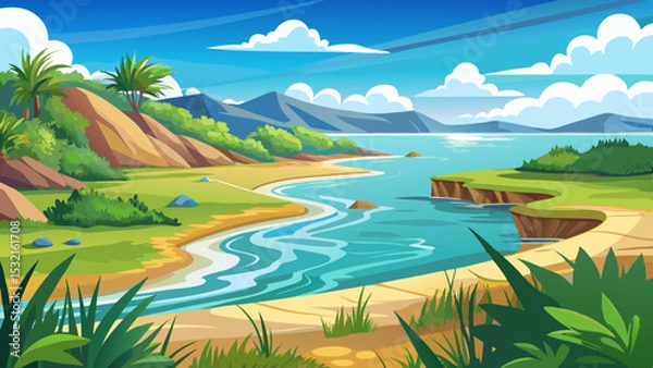 Fototapeta A beach with a body of water and a bunch of grass Very beautiful