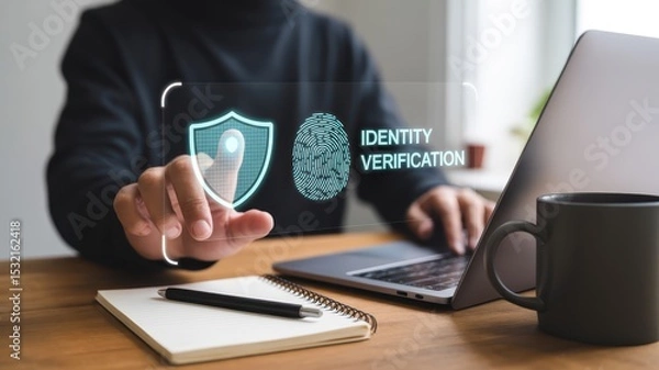 Fototapeta Person using fingerprint recognition for identity verification.