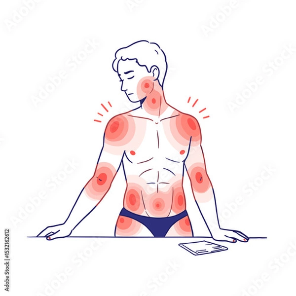 Fototapeta Man experiencing pain in upper body while leaning on table  