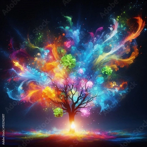 Obraz Colorful Tree of Imagination: An artful and abstract representation of a vibrant tree bursting with colorful energy, with an ethereal luminescence from the center, igniting the imagination.