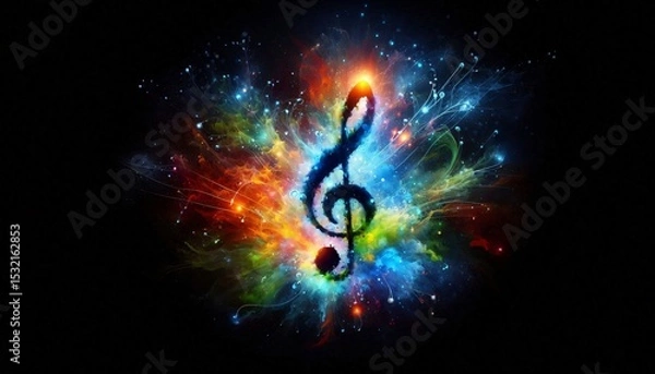 Obraz Musical Galaxy: A vibrant musical note surrounded by a galaxy of stars and colors, where music and cosmos merge in a captivating visual symphony. 