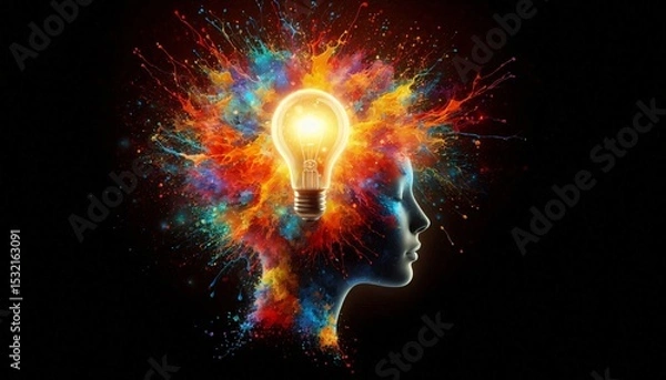 Obraz Illumination of Thought: An artistic representation of a person's head, illuminated by a bright lightbulb, surrounded by vibrant colors, symbolizing ideas. 