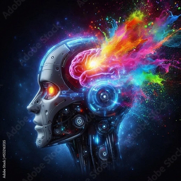 Obraz Digital Mind's Burst: A futuristic android's mind explodes with vibrant colors, symbolizing the fusion of technology and creativity, in a visually stunning digital art piece.