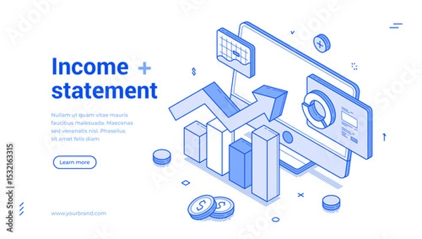 Obraz Modern banner template Income statement showcasing isometric line icons, graphs, and modern design features. Emphasizes financial data analysis, highlighting trends and metrics effectively.
